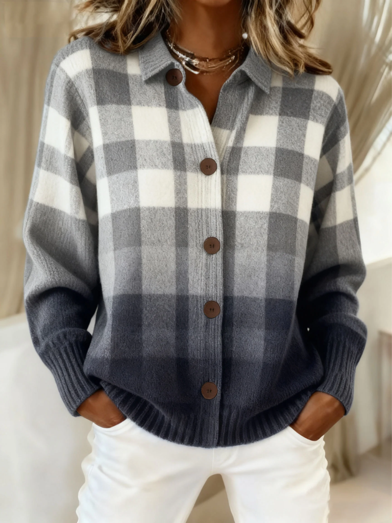Agnes - Gray Ombre Plaid Button Cardigan