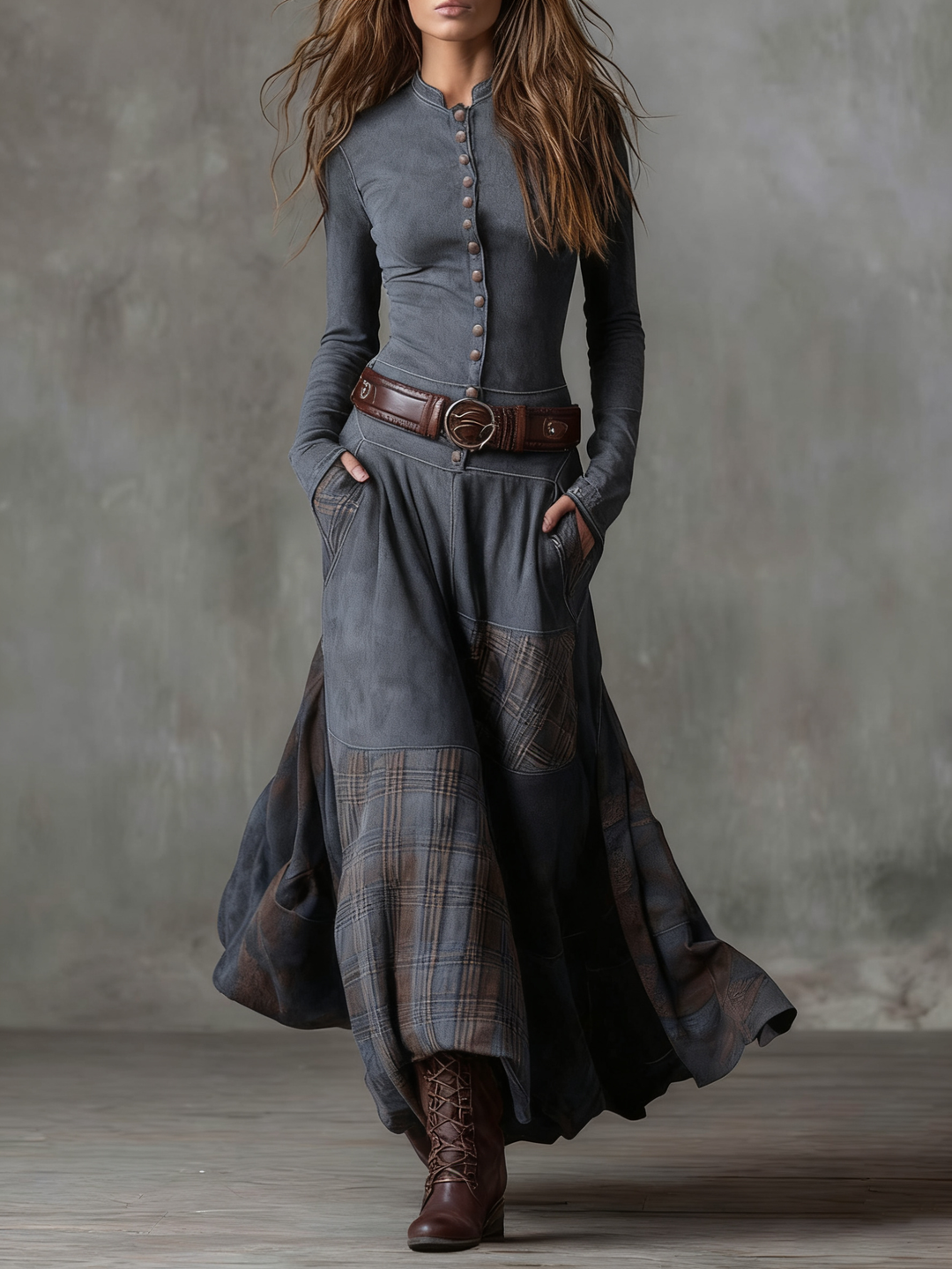 Caroline | Button-Front Patchwork Maxi Dress