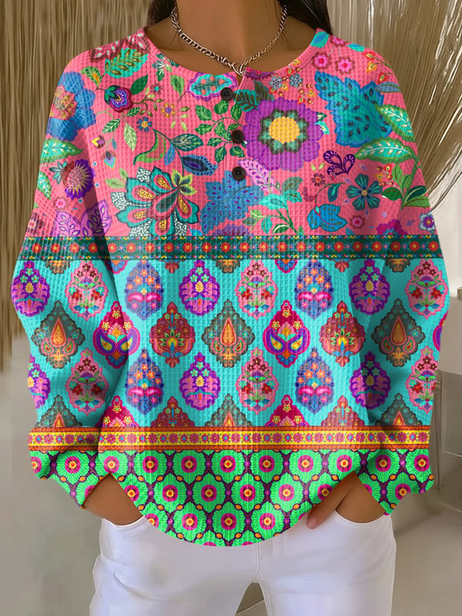 Ethnic Floral Striped Sweater