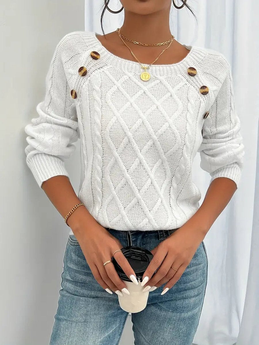 Penelope | Women's Cable Knit Sweater Raglan-Sleeve Button-Detail Pullover