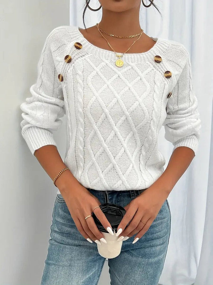 Penelope | Women's Cable Knit Sweater Raglan-Sleeve Button-Detail Pullover