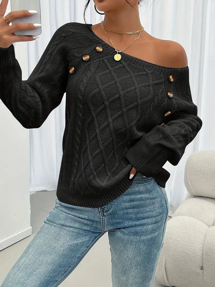 Penelope | Women's Cable Knit Sweater Raglan-Sleeve Button-Detail Pullover
