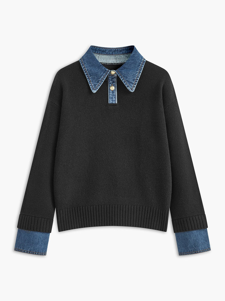 Mia | Women's Denim-Collar Knit Polo Sweater