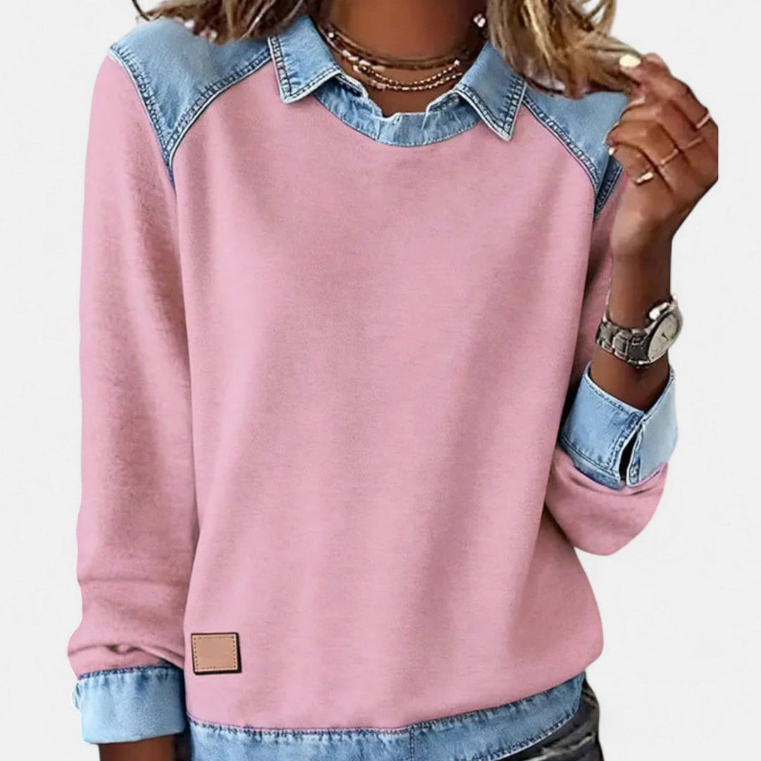 Isabella | Women's Denim-Collar Raglan Knit Sweater Long Sleeve Pullover