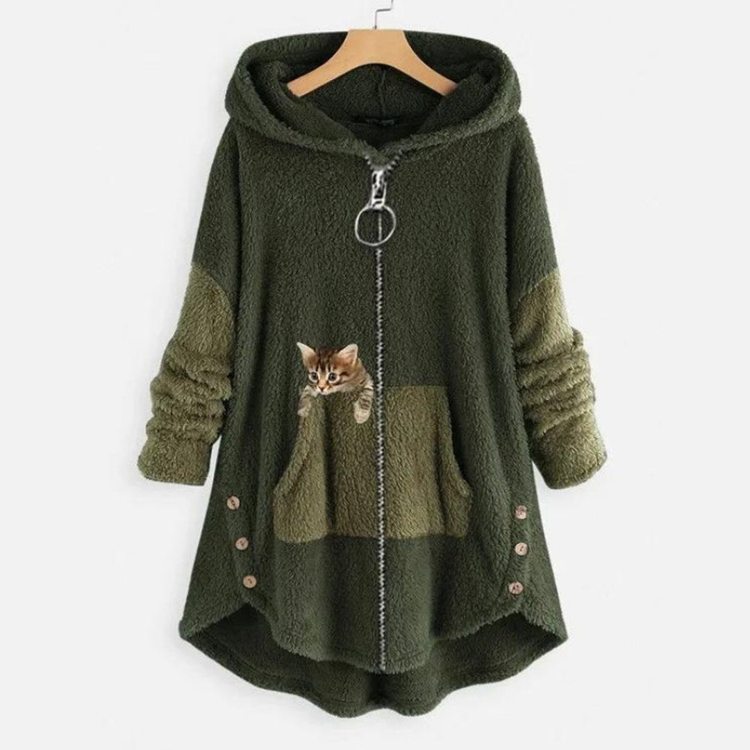 Luna | Women's Fleece Zip-Up Hooded Cat Pocket Sweater