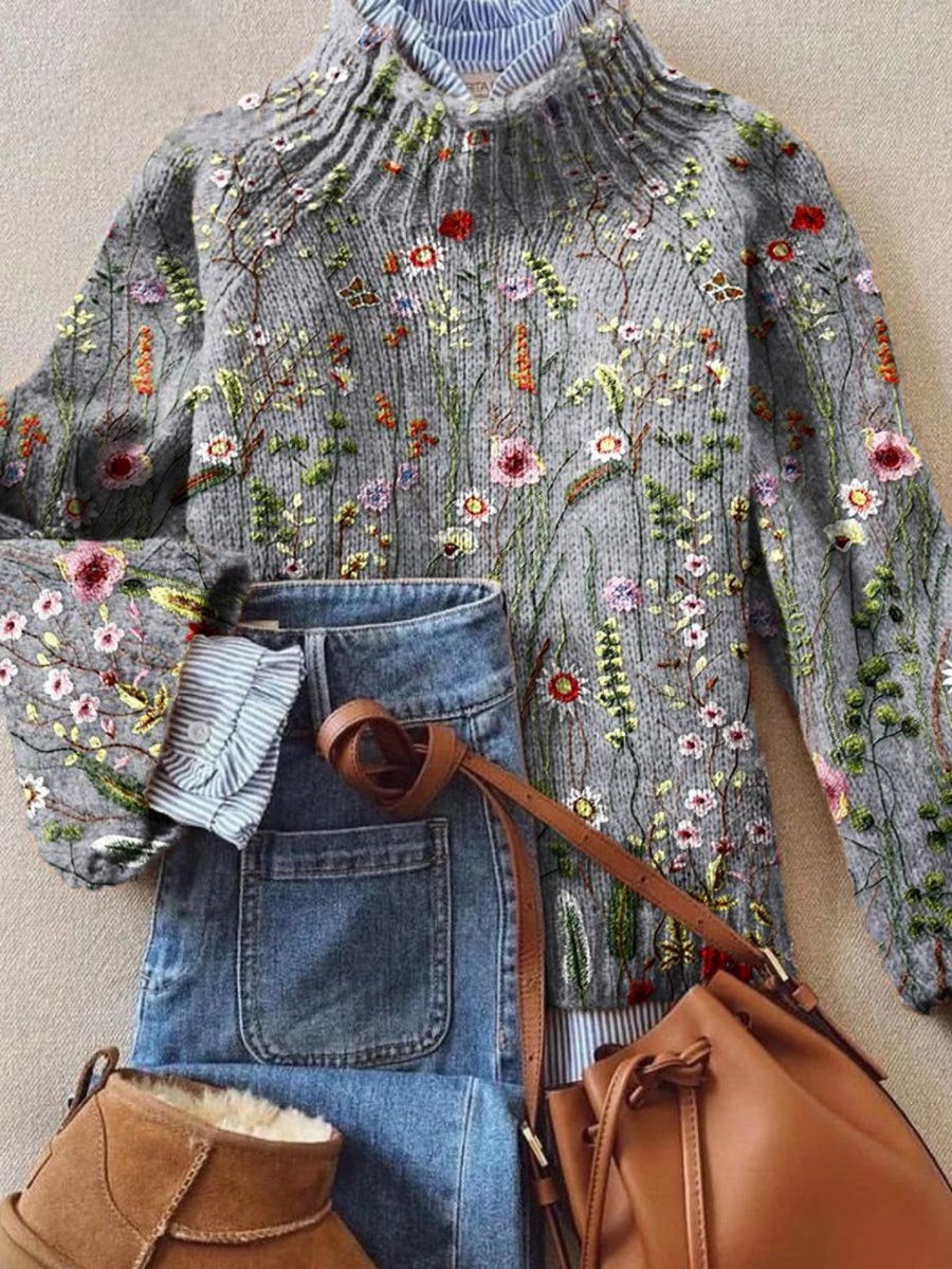 Sophia - Women's Floral Embroidered Turtleneck Sweater Relaxed Knit Pullover