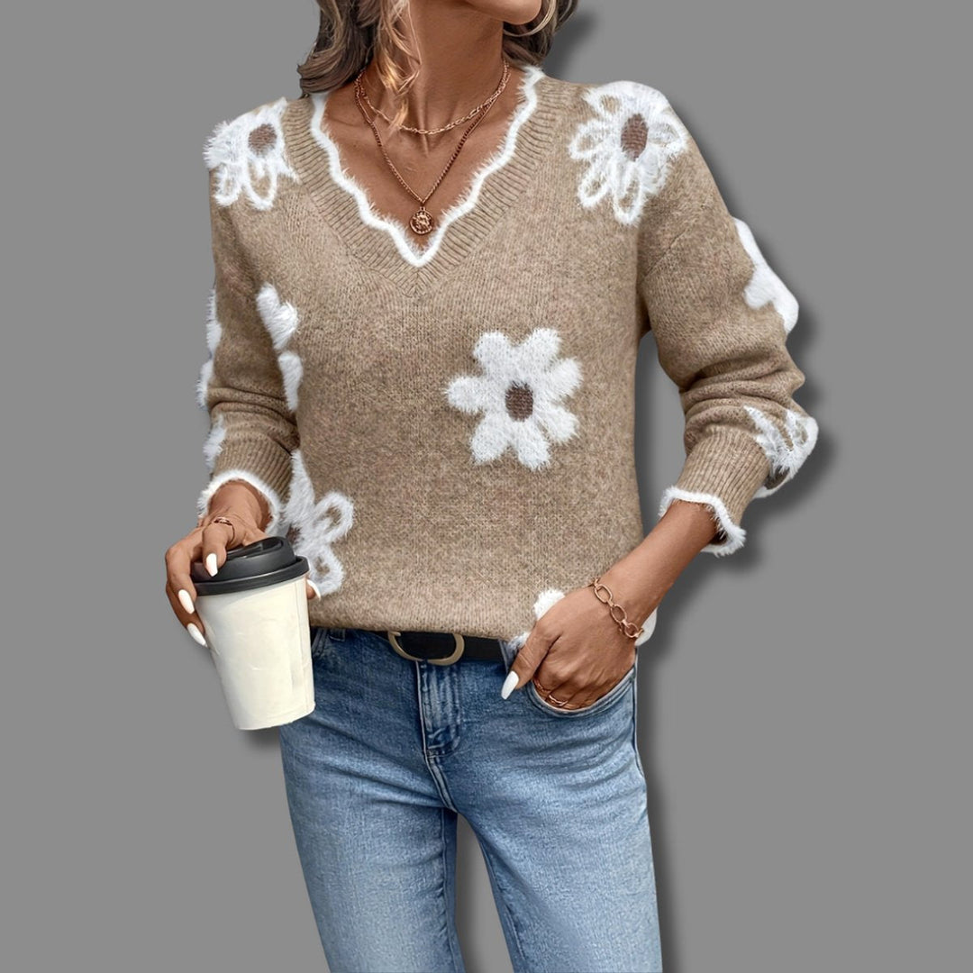 Camila | Women's Floral V-Neck Long Sleeve Knit Sweater