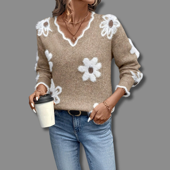 Camila | Women's Floral V-Neck Long Sleeve Knit Sweater