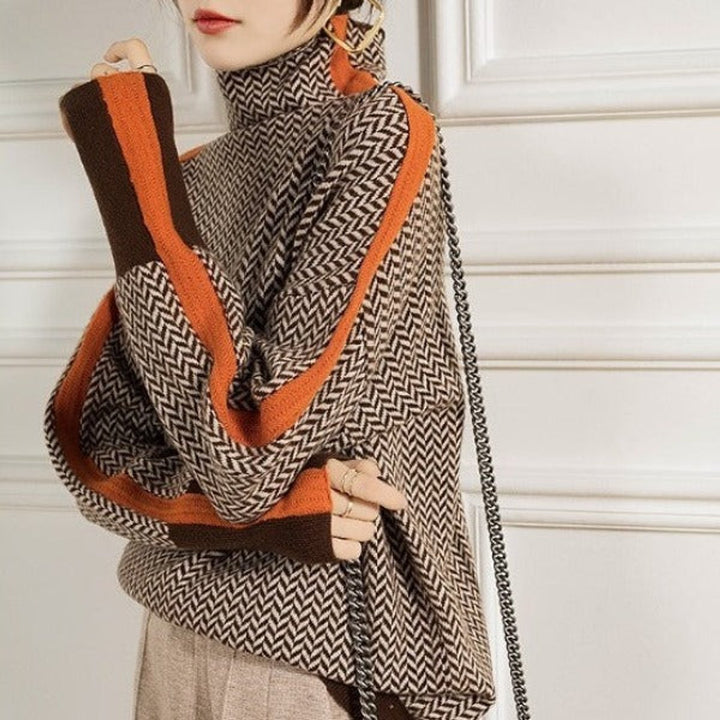 Sophia | Women's Herringbone Contrast-Trim Oversized Turtleneck Sweater