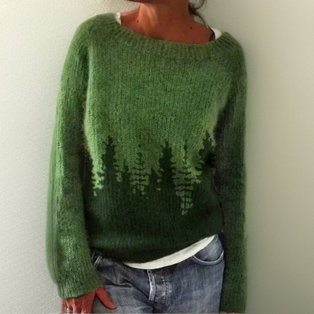 Evelyn | Women's Oversized Forest Print Knit Sweater Crew Neck