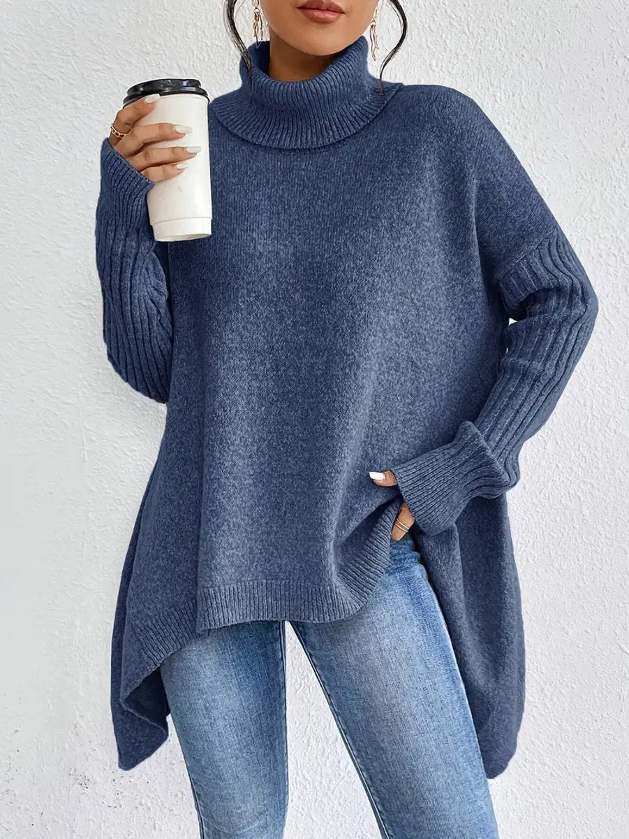 Mia | Women's Oversized Ribbed-Trim Turtleneck Sweater High-Low Hem