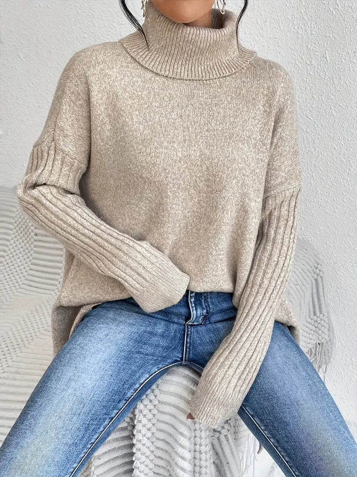 Mia | Women's Oversized Ribbed-Trim Turtleneck Sweater High-Low Hem