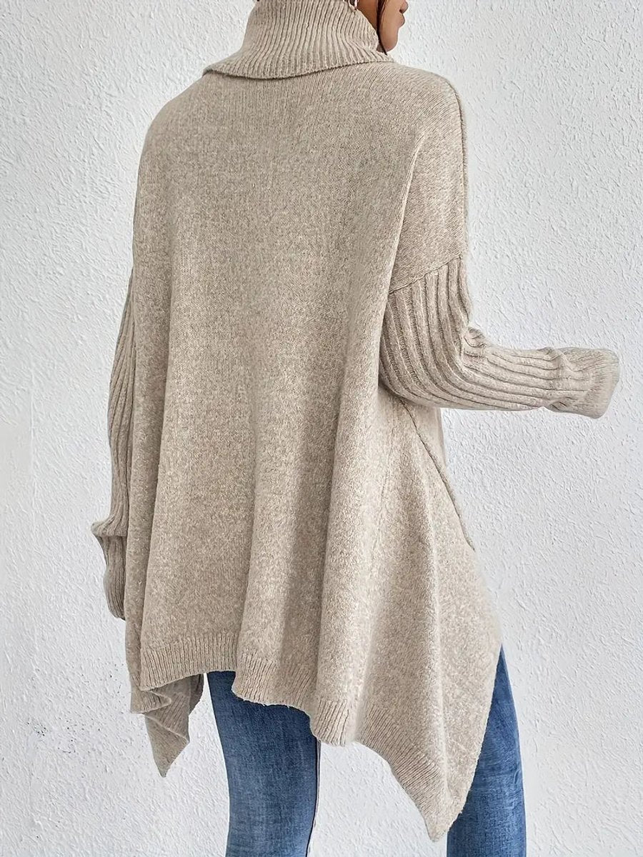 Mia | Women's Oversized Ribbed-Trim Turtleneck Sweater High-Low Hem