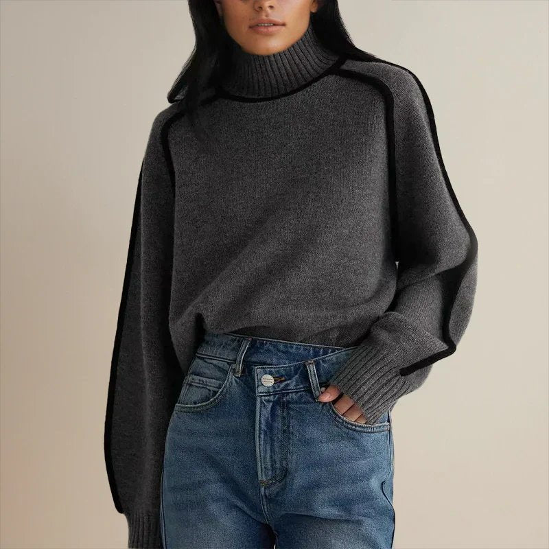 Camila - Women's Oversized Turtleneck Colorblock Knit Sweater