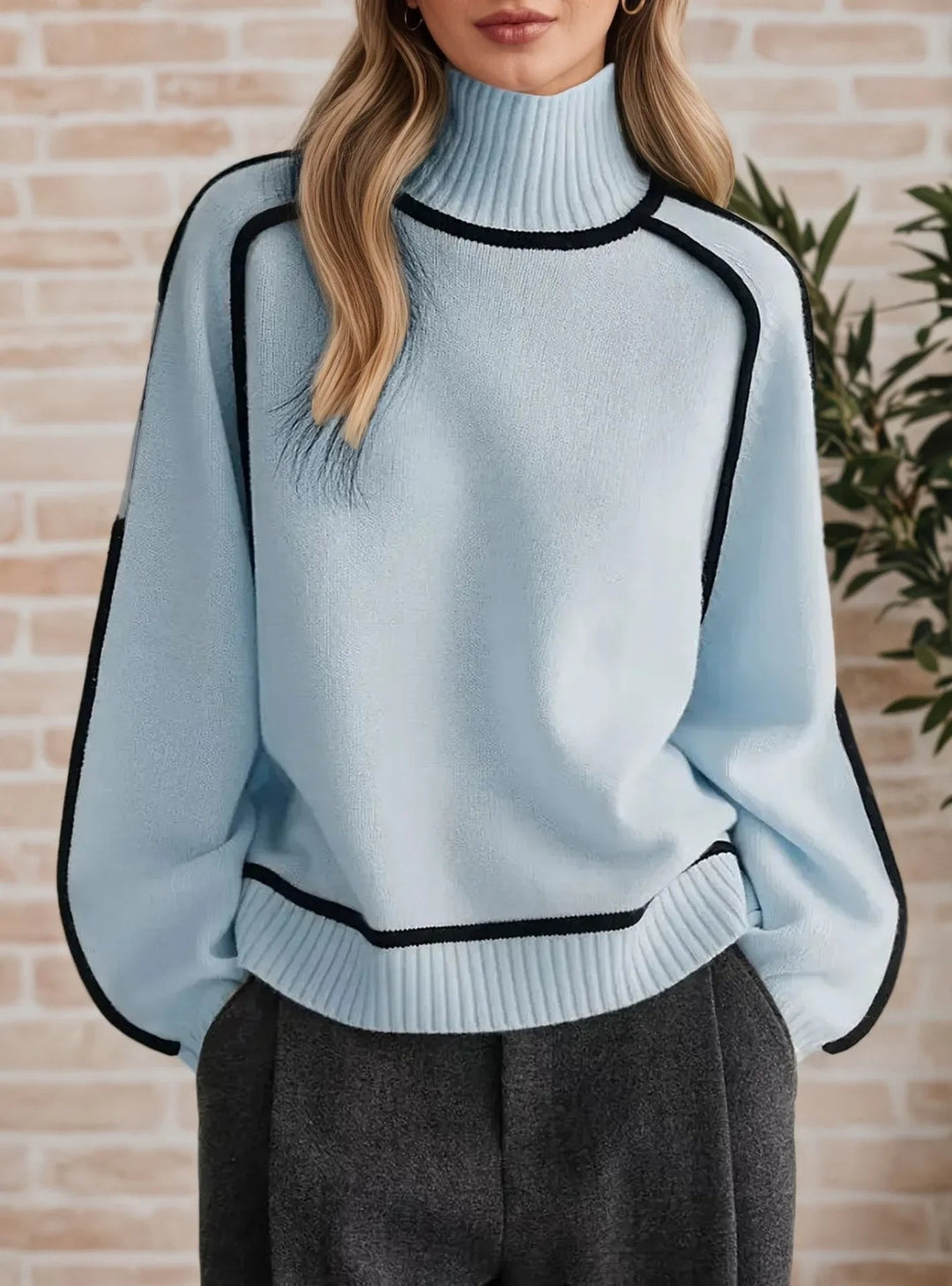 Camila - Women's Oversized Turtleneck Colorblock Knit Sweater