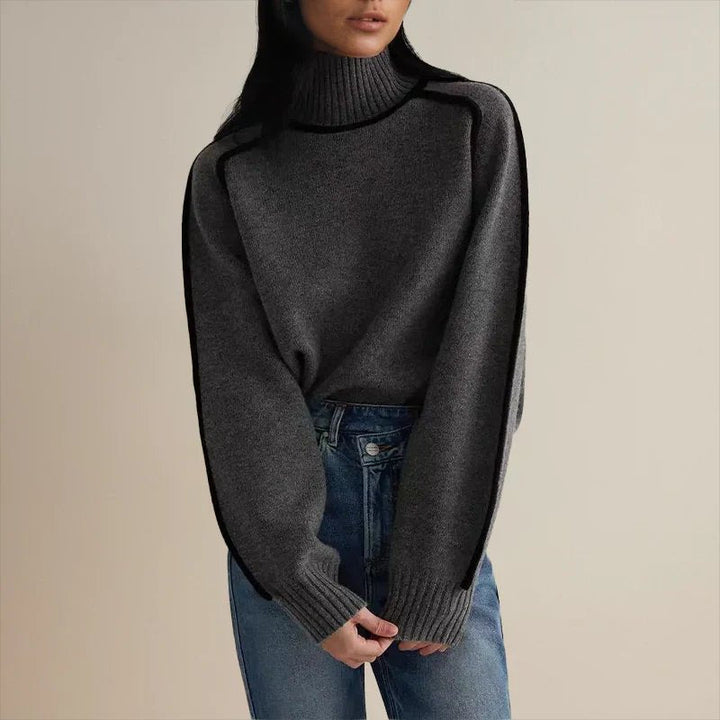 Camila - Women's Oversized Turtleneck Colorblock Knit Sweater
