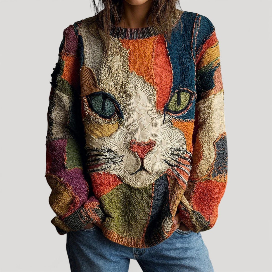 Layla | Women's Relaxed-Fit Cat Graphic Crewneck Knit Sweater